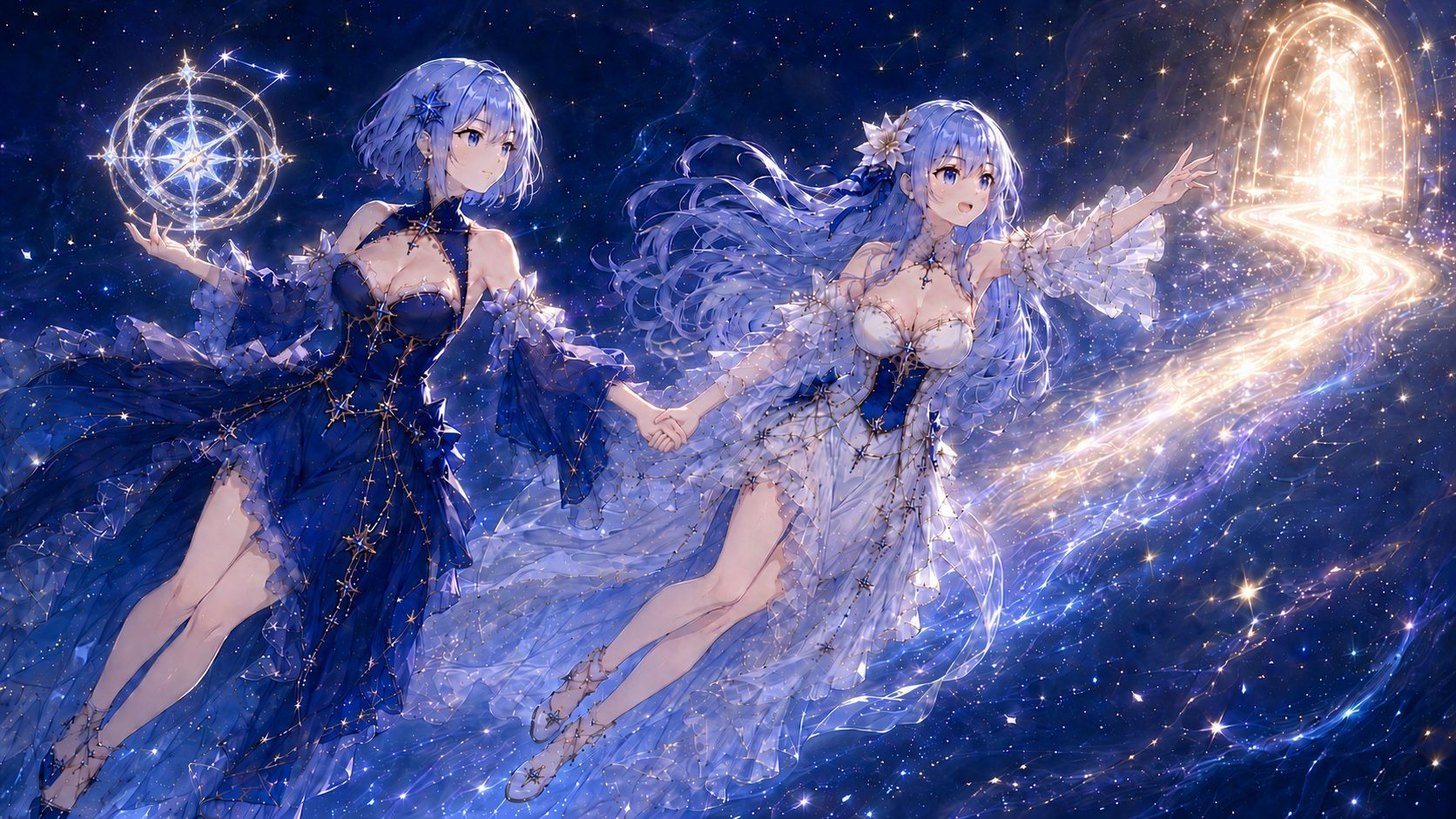 Spica and Stella drifting hand in hand through a river of starlight, between eras